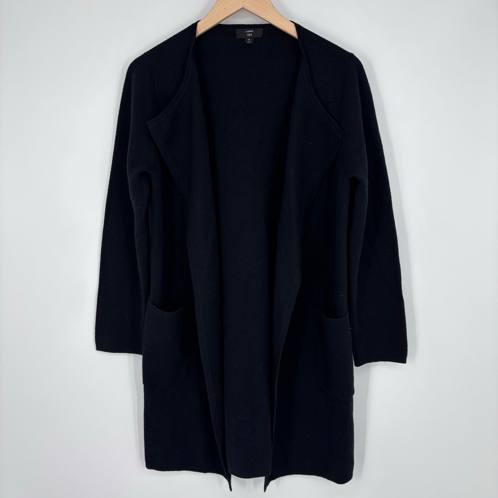 J Crew Open Front Long Cardigan Sweater Womens M Black Merino Wool Blend Preppy